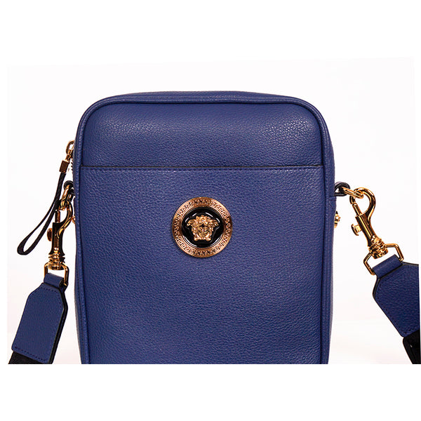 NEW $1,400 VERSACE Men Blue Leather GOLD MEDUSA LOGO Crossbody GRECA STRAP BAG