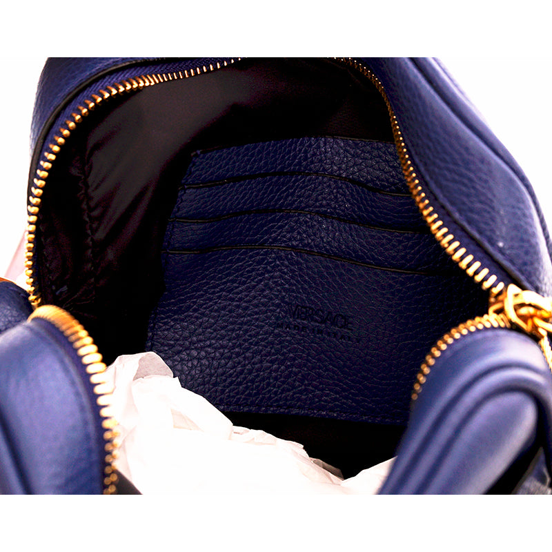NEW $1,400 VERSACE Men Blue Leather GOLD MEDUSA LOGO Crossbody GRECA STRAP BAG