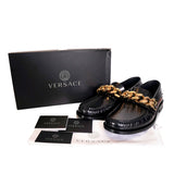 43 US 10 NEW $1125 VERSACE Mens RUNWAY Black Leather GOLD CHUNKY CHAIN LOAFERS