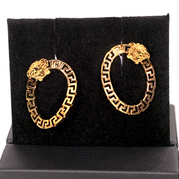 NEW $450 VERSACE Gold Tone Brass GRECA MEDUSA LOGO CURVED LINK Pierced EARRINGS