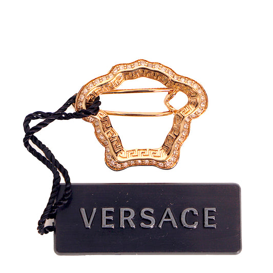 NEW $290 VERSACE Gold Tone Brass & CRYSTAL MEDUSA LOGO Barrette HAIR SLIDE NWT
