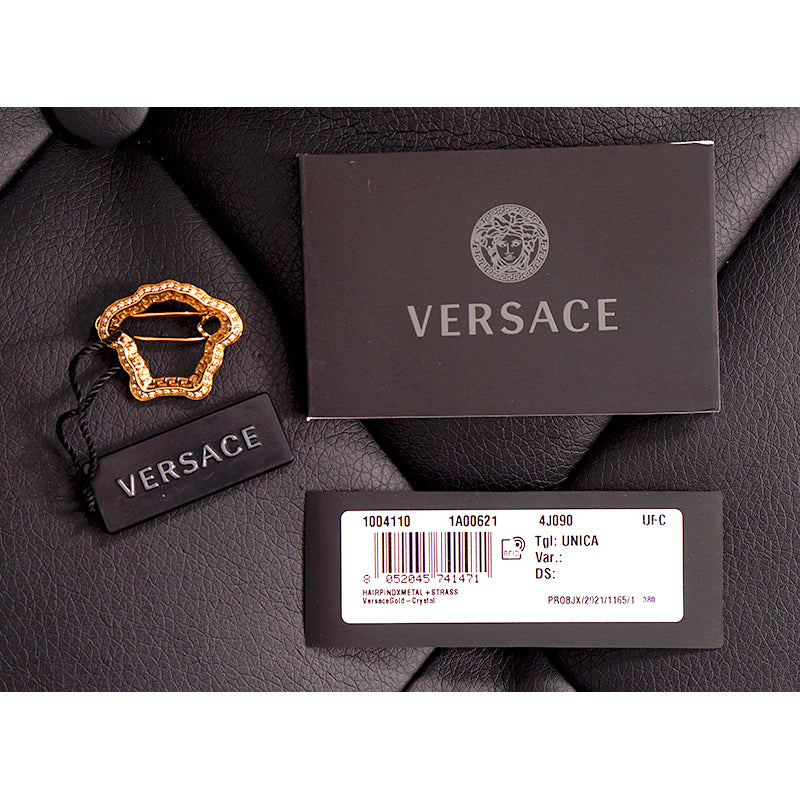 NEW $290 VERSACE Gold Tone Brass & CRYSTAL MEDUSA LOGO Barrette HAIR SLIDE NWT