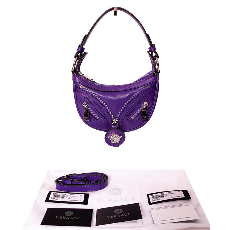 NEW VERSACE $1650 Purple Leather RUNWAY REPEAT MINI HOBO BAG & CROSSBODY STRAP