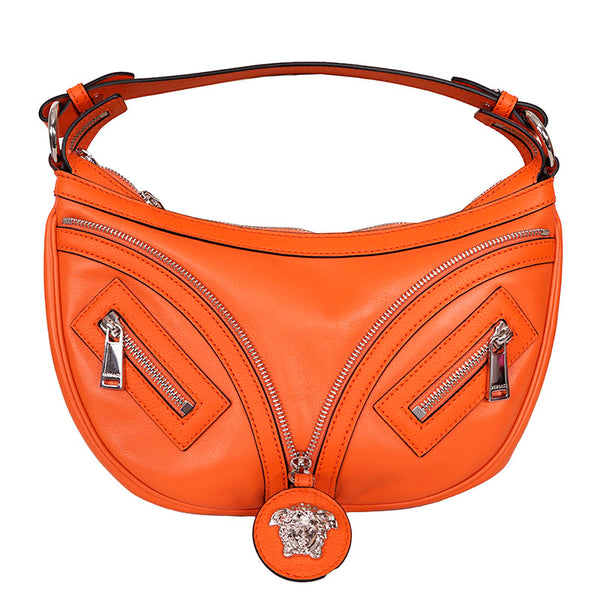 NEW VERSACE $1995 Orange Leather RUNWAY REPEAT HOBO Small BAG & CROSSBODY STRAP