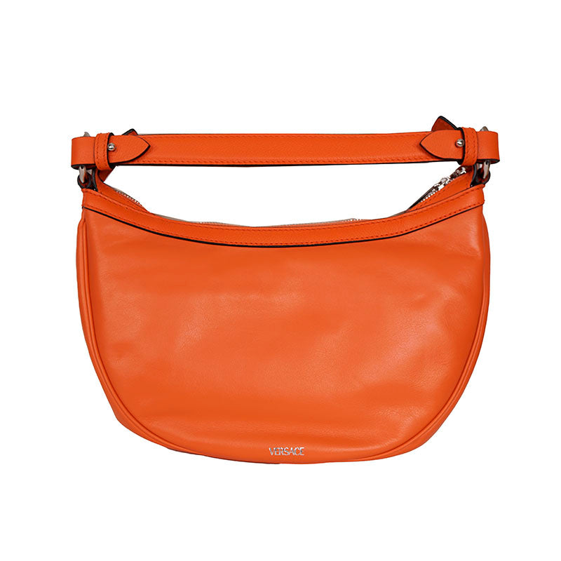 NEW VERSACE $1995 Orange Leather RUNWAY REPEAT HOBO Small BAG & CROSSBODY STRAP
