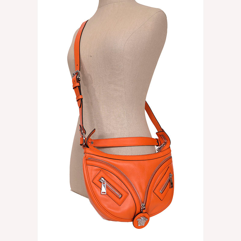 NEW VERSACE $1995 Orange Leather RUNWAY REPEAT HOBO Small BAG & CROSSBODY STRAP