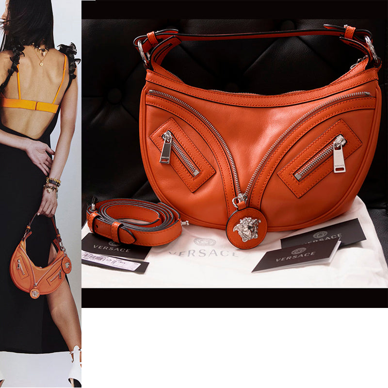 NEW VERSACE $1995 Orange Leather RUNWAY REPEAT HOBO Small BAG & CROSSBODY STRAP