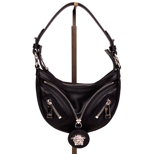 NEW VERSACE $1650 Black Leather RUNWAY REPEAT MINI HOBO BAG & CROSSBODY TRAP NWT