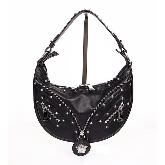 NEW VERSACE $2,175 Black Leather STUDDED RUNWAY REPEAT HOBO BAG & CROSSBODY TRAP