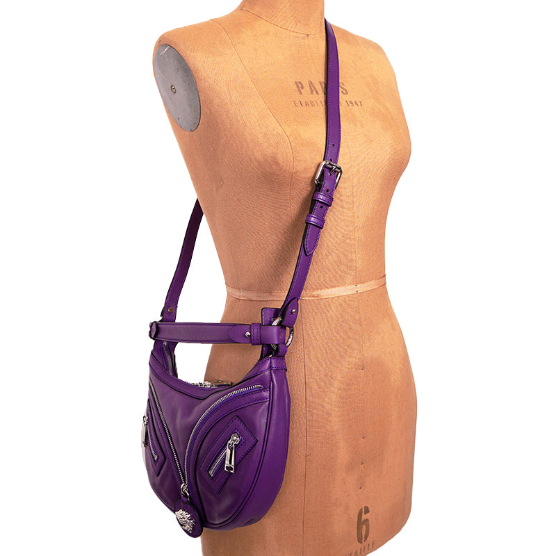 NEW VERSACE $1995 Purple Leather RUNWAY REPEAT HOBO Small BAG & CROSSBODY STRAP