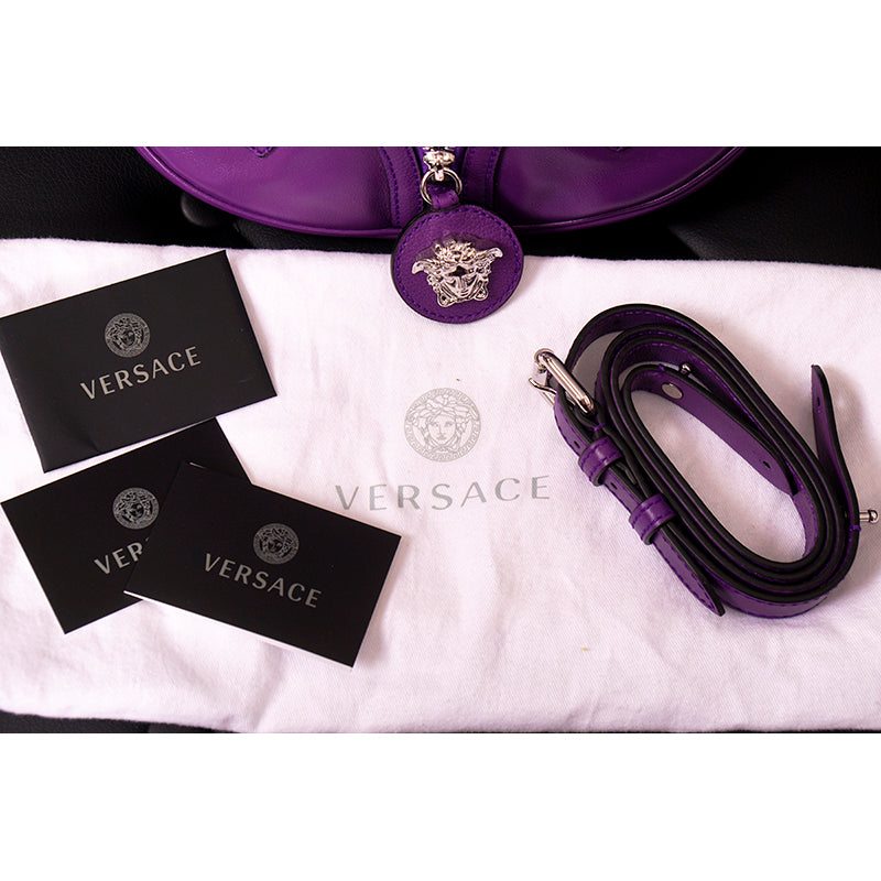 NEW VERSACE $1995 Purple Leather RUNWAY REPEAT HOBO Small BAG & CROSSBODY STRAP