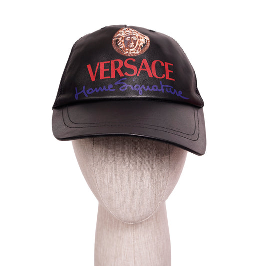 57 NEW $525 VERSACE Black Leather VINTAGE MEDUSA LOGO Trucker BASEBALL CAP HAT