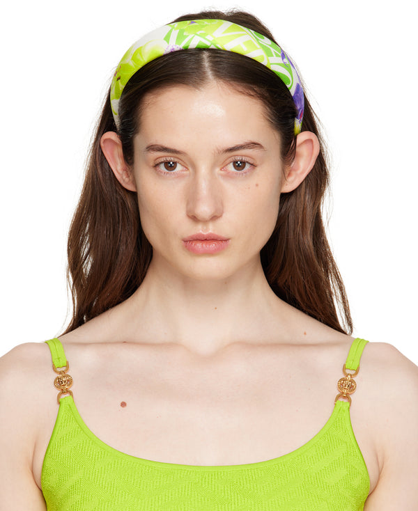 NEW $325 VERSACE White/Green/Purple ORCHID RUNWAY PRINT Silk Twill HEADBAND NWT