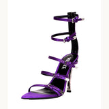 37.5/38.5/39.5 NEW $1575 VERSACE RUNWAY Purple Satin PIN-POINT Metal Stiletto SANDAL HEELS