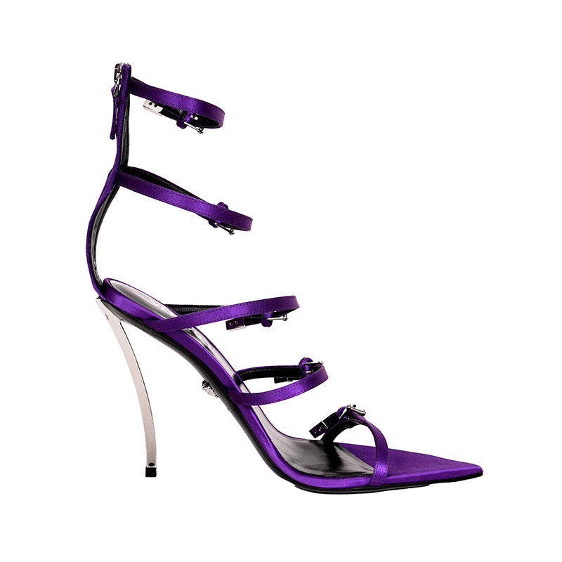 37.5/38.5/39.5 NEW $1575 VERSACE RUNWAY Purple Satin PIN-POINT Metal Stiletto SANDAL HEELS