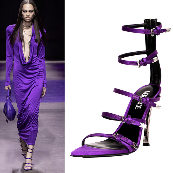 37.5/38.5/39.5 NEW $1575 VERSACE RUNWAY Purple Satin PIN-POINT Metal Stiletto SANDAL HEELS