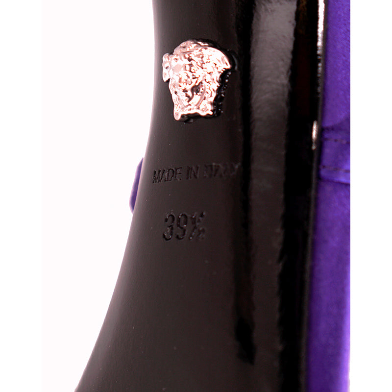 37.5/38.5/39.5 NEW $1575 VERSACE RUNWAY Purple Satin PIN-POINT Metal Stiletto SANDAL HEELS