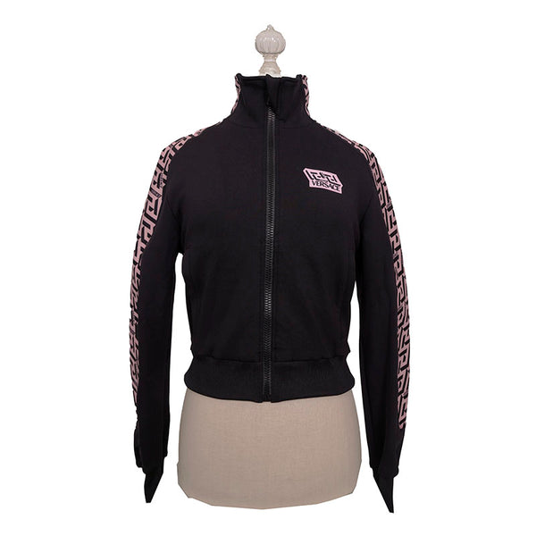 sz 1 XS NEW $925 VERSACE Black PINK LA GRECA LOGO Monogram Zip SPORTY JACKET