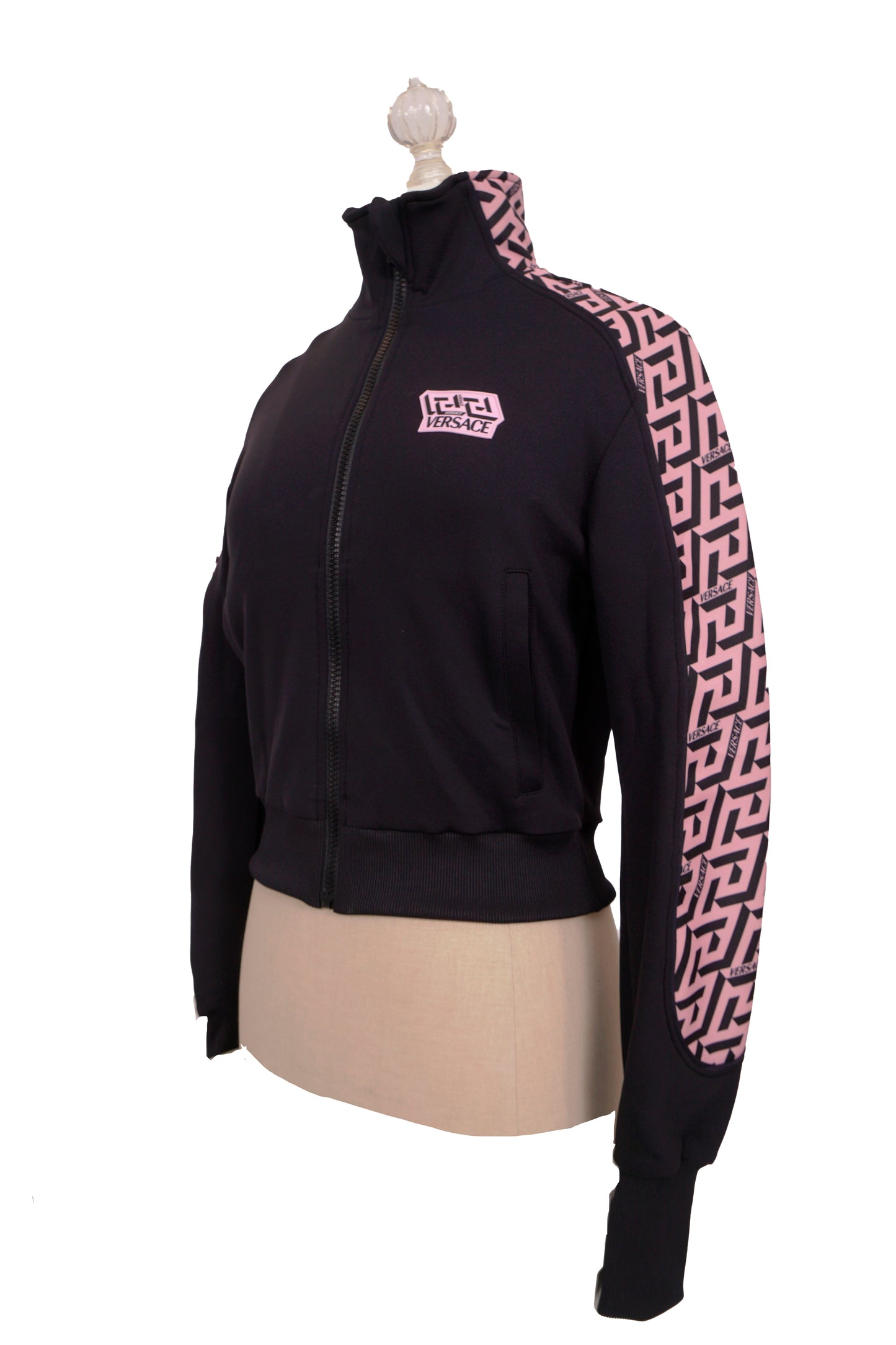 sz 1 XS NEW $925 VERSACE Black PINK LA GRECA LOGO Monogram Zip SPORTY JACKET