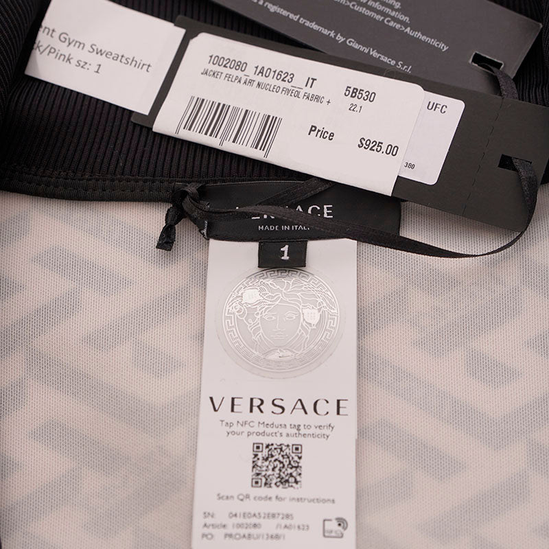 sz 1 XS NEW $925 VERSACE Black PINK LA GRECA LOGO Monogram Zip SPORTY JACKET