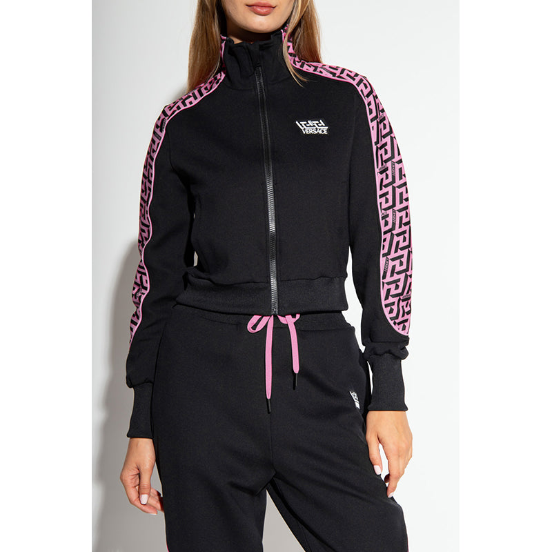 sz 1 XS NEW $925 VERSACE Black PINK LA GRECA LOGO Monogram Zip SPORTY JACKET