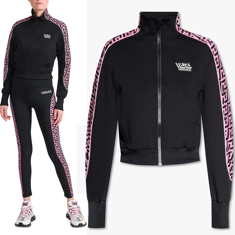 sz 1 XS NEW $925 VERSACE Black PINK LA GRECA LOGO Monogram Zip SPORTY JACKET