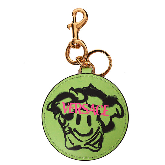 NEW $295 VERSACE Green SMILEY MEDUSA GRAFFITI Leather BAG CHARM KEY RING CHAIN