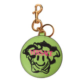 NEW $295 VERSACE Green SMILEY MEDUSA GRAFFITI Leather BAG CHARM KEY RING CHAIN
