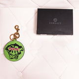 NEW $295 VERSACE Green SMILEY MEDUSA GRAFFITI Leather BAG CHARM KEY RING CHAIN