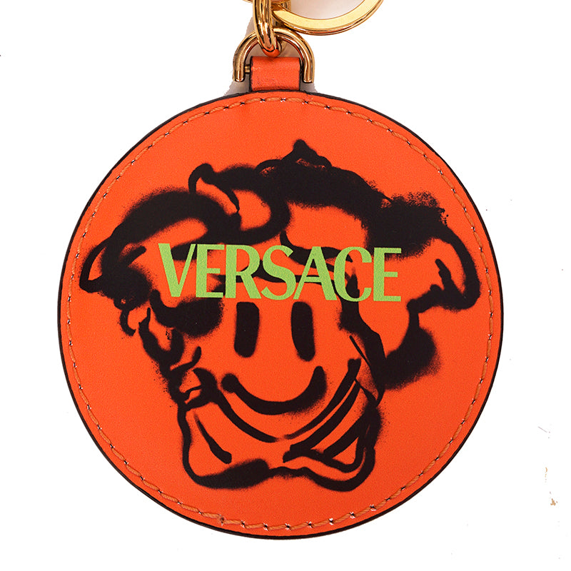 NEW $295 VERSACE Orange SMILEY MEDUSA GRAFFITI Leather BAG CHARM KEY RING CHAIN