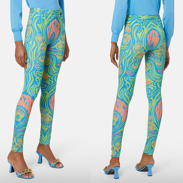 38 & 44 NEW $795 VERSACE Woman's Neon Blue Green MEDUSA LOGO MUSIC Pants LEGGINGS