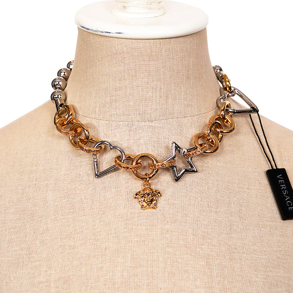 NEW $1,295 VERSACE Gold & Silver MEDUSA CHARM Heart STAR Chunky Chain NECKLACE