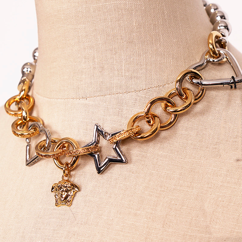 NEW $1,295 VERSACE Gold & Silver MEDUSA CHARM Heart STAR Chunky Chain NECKLACE