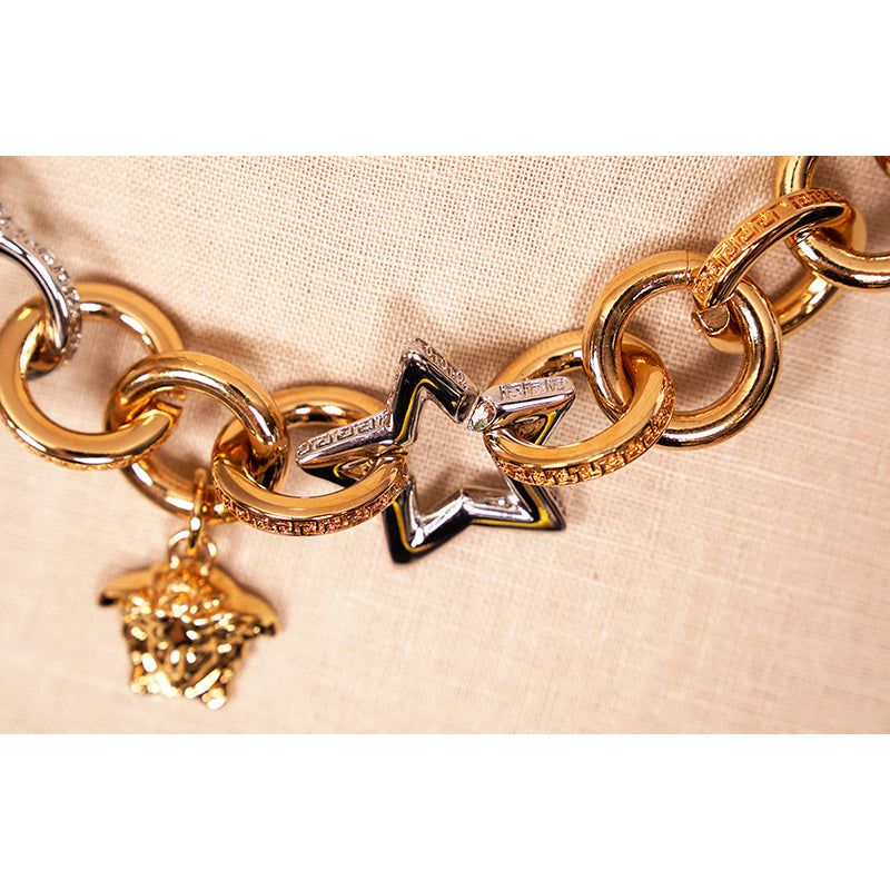 NEW $1,295 VERSACE Gold & Silver MEDUSA CHARM Heart STAR Chunky Chain NECKLACE