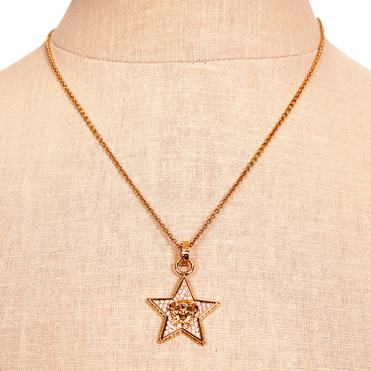 NEW $595 VERSACE RUNWAY Gold Tone Brass MEDUSA CRYSTAL Pave' CHARM STAR NECKLACE