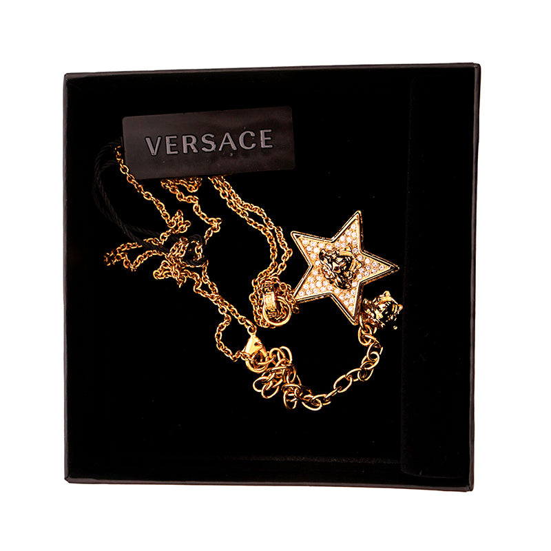 NEW $595 VERSACE RUNWAY Gold Tone Brass MEDUSA CRYSTAL Pave' CHARM STAR NECKLACE