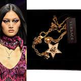 NEW $595 VERSACE RUNWAY Gold Tone Brass MEDUSA CRYSTAL Pave' CHARM STAR NECKLACE