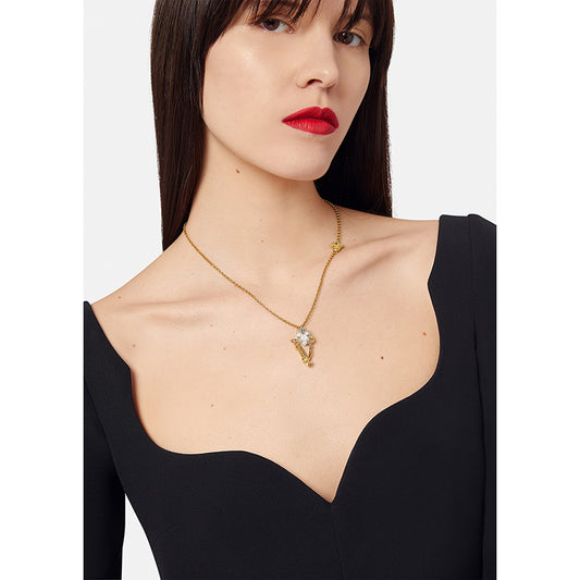 NEW $550 VERSACE White Faceted Crystal LOGO BAROCCO V Pendant & MEDUSA NECKLACE
