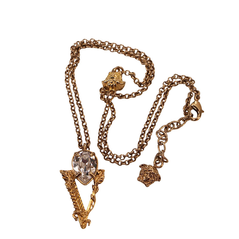 NEW $550 VERSACE White Faceted Crystal LOGO BAROCCO V Pendant & MEDUSA NECKLACE