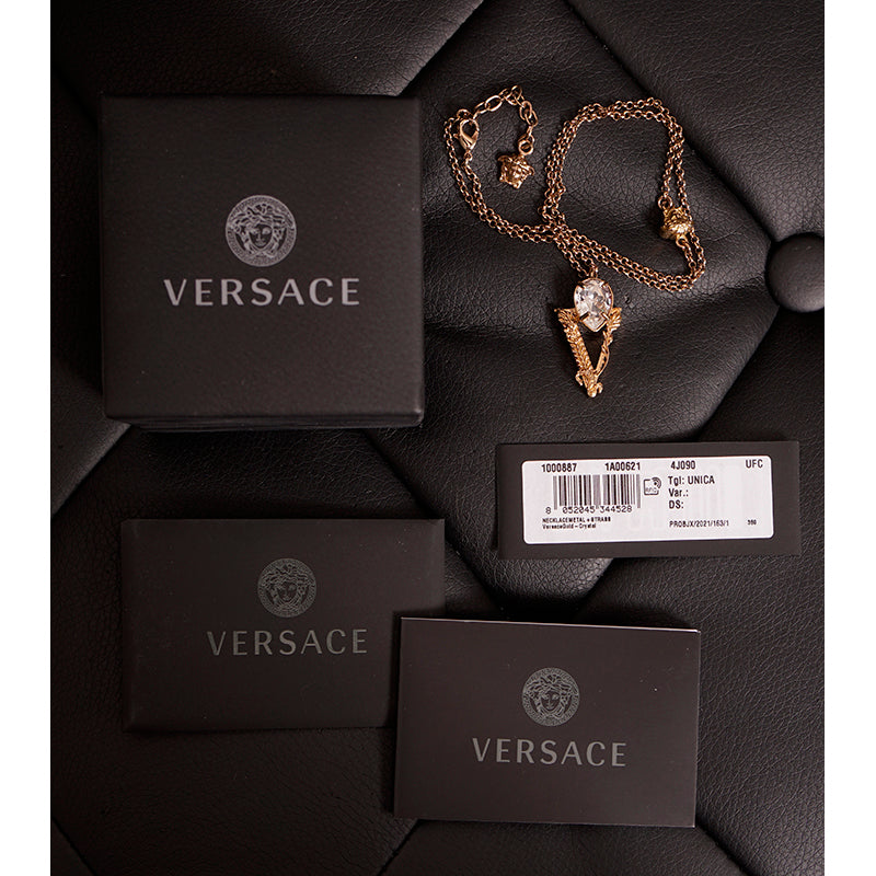 NEW $550 VERSACE White Faceted Crystal LOGO BAROCCO V Pendant & MEDUSA NECKLACE