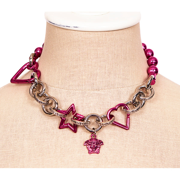 NEW $1,295 VERSACE Pink & Silver MEDUSA CHARM Heart STAR Chunky Chain NECKLACE