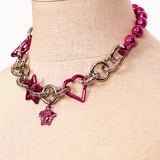 NEW $1,295 VERSACE Pink & Silver MEDUSA CHARM Heart STAR Chunky Chain NECKLACE