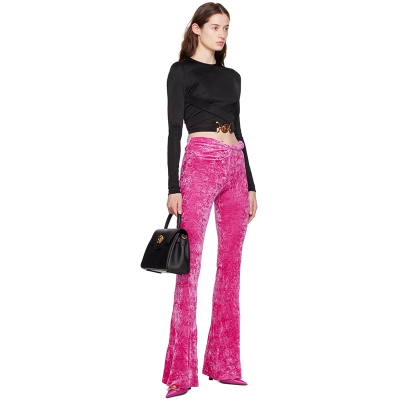 40 NEW $1,375 VERSACE RUNWAY Glossy Pink Crushed Velvet JERSEY FLARED PANTS NWT