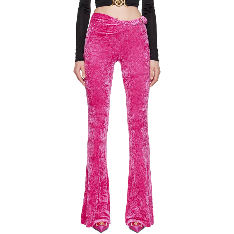 40 NEW $1,375 VERSACE RUNWAY Glossy Pink Crushed Velvet JERSEY FLARED PANTS NWT