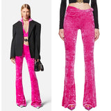 40 NEW $1,375 VERSACE RUNWAY Glossy Pink Crushed Velvet JERSEY FLARED PANTS NWT