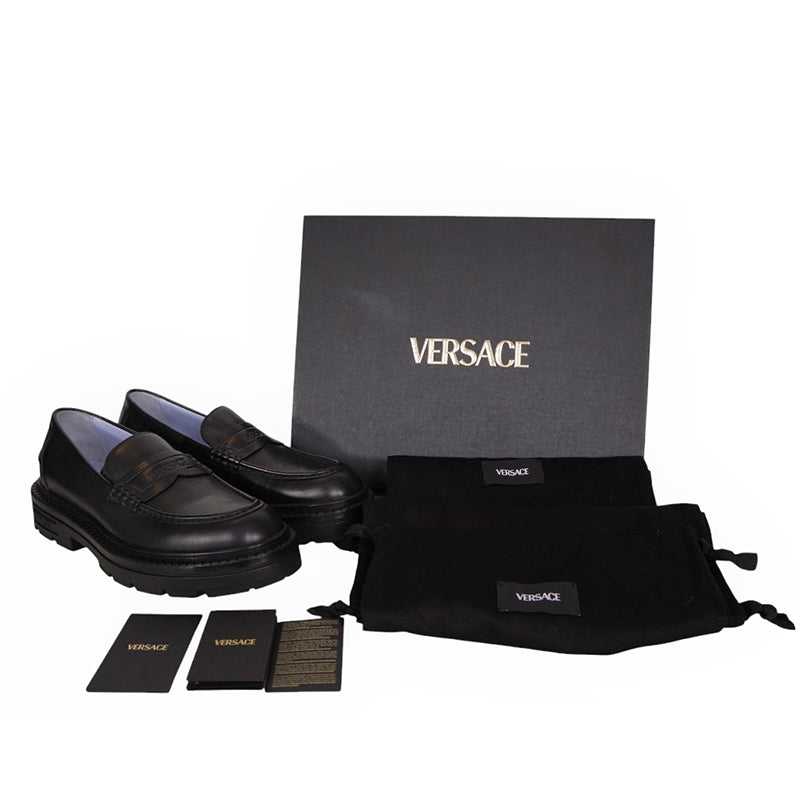 42/43 US 9/10 NEW $925 VERSACE Mens Black Leather CHUNKY SOLES Adriano Penny LOAFERS