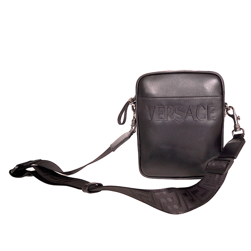 NEW $1100 VERSACE Men Black Leather RUBBER LOGO Greca Crossbody Strap SPORTY BAG