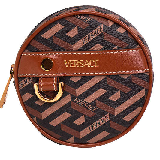 NEW $325 VERSACE Brown Coated Canvas LA GRECA Coin Purse MODULAR ROUND POUCH NIB