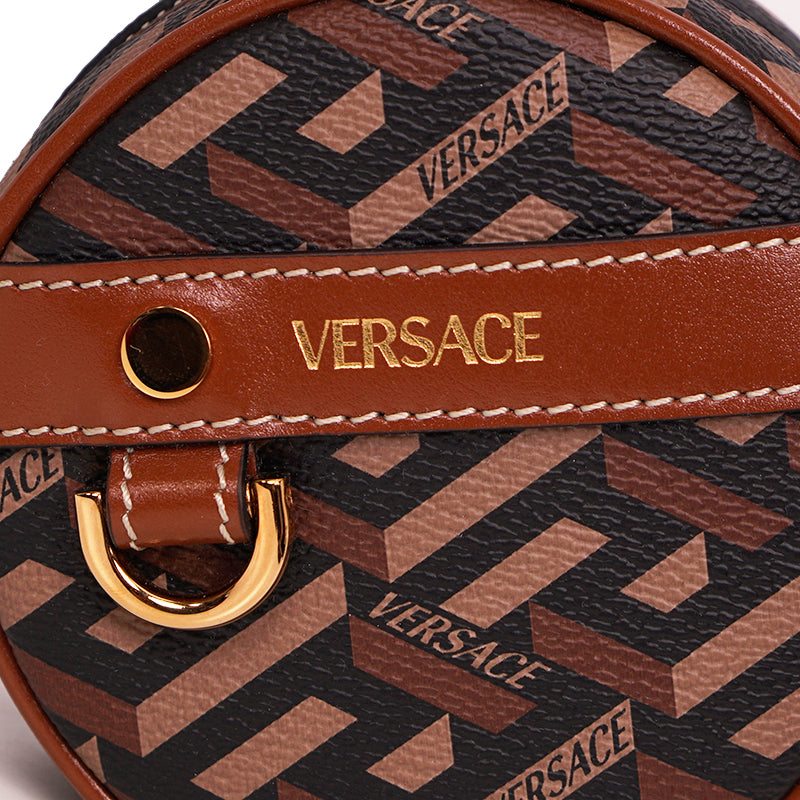 NEW $325 VERSACE Brown Coated Canvas LA GRECA Coin Purse MODULAR ROUND POUCH NIB