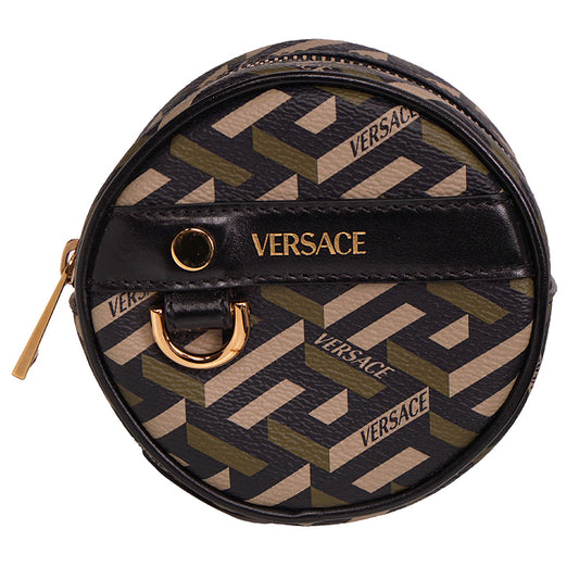 NEW $325 VERSACE Khaki Coated Canvas LA GRECA Coin Purse MODULAR ROUND POUCH NIB